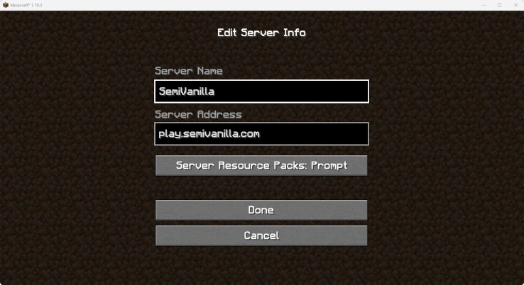 Minecraft Java Edition - Edit Server Info Menu - Screenshot