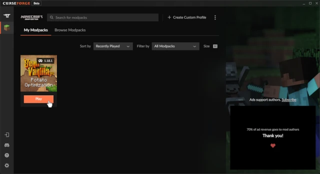 CurseForge App - Minecraft - My Modpacks